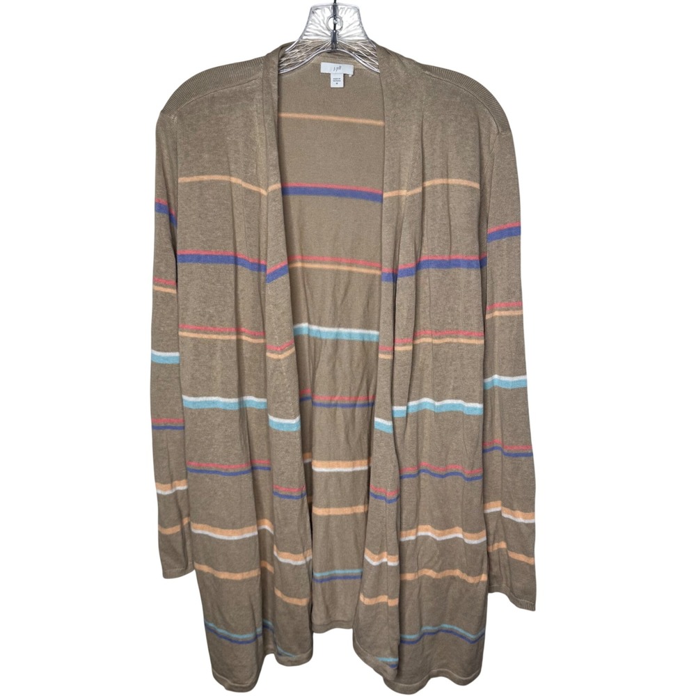 JJill‎ Tan Striped Linen Rayon Open Front Cardigan Sweater Womens Medium